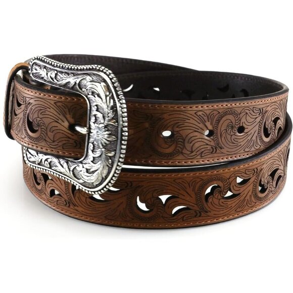 Women's Brown Leather Belt with Scroll Cutouts and Interchangeable Buckle - Picture 6 of 6